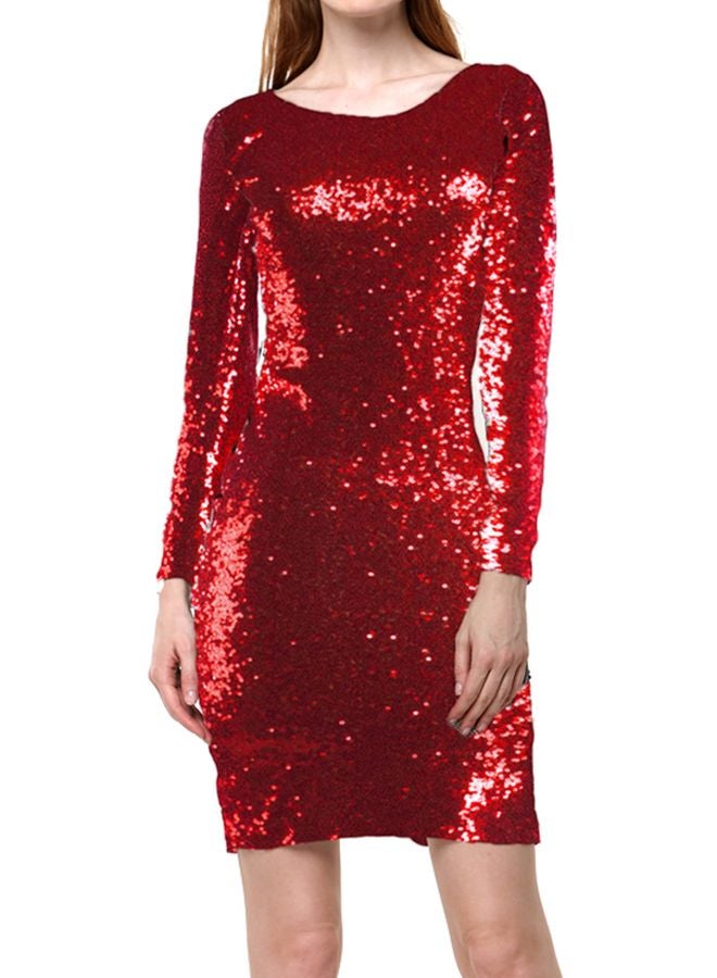 Round Neck Sequins Mini Dress Burgundy - Image 1