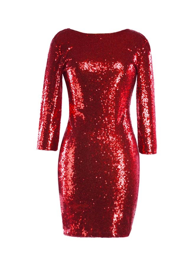 Round Neck Sequins Mini Dress Burgundy - Image 4