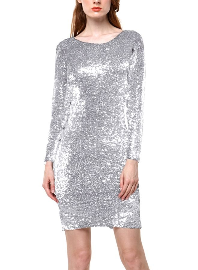 Round Neck Sequins Mini Dress Silver - Image 1
