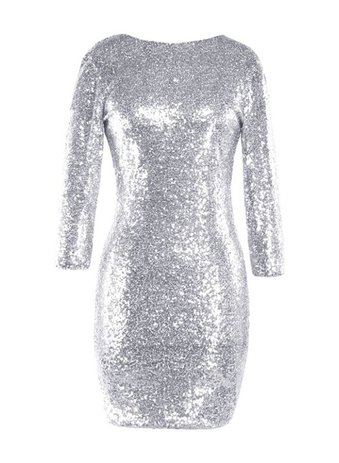 Round Neck Sequins Mini Dress Silver - Image 4