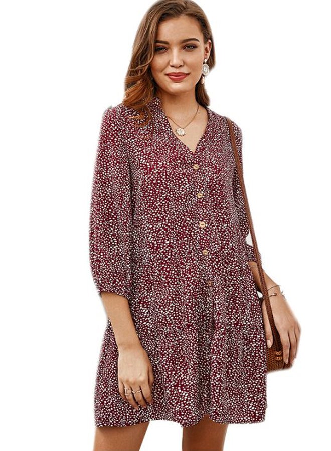 Dot Printed V-Neck Mini Dress Burgundy/White - Image 1