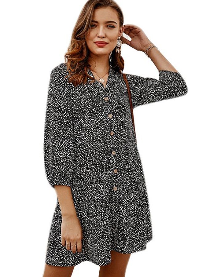 Dot Printed V-Neck Mini Dress Black/White - Image 1