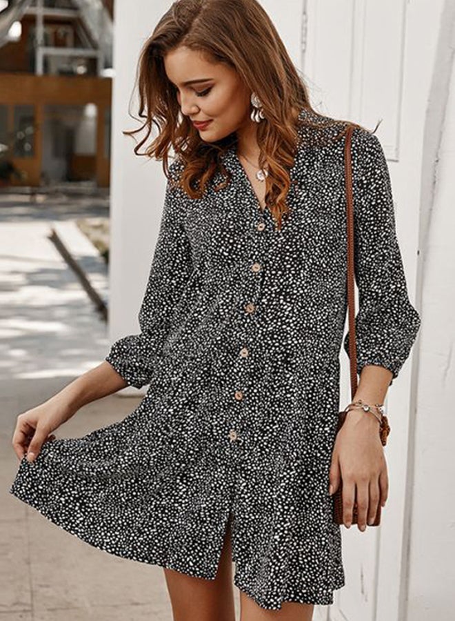 Dot Printed V-Neck Mini Dress Black/White - Image 3