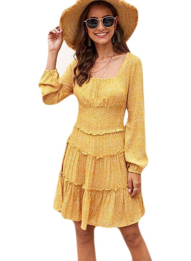 Floral Printed Square Neck Dress Yellow/White - Image 1