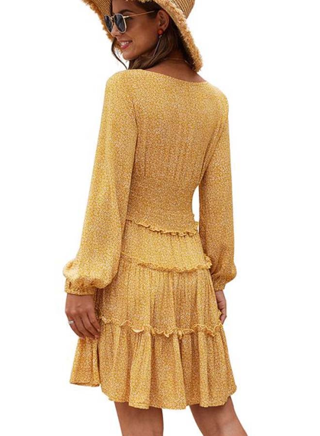 Floral Printed Square Neck Dress Yellow/White - Image 2