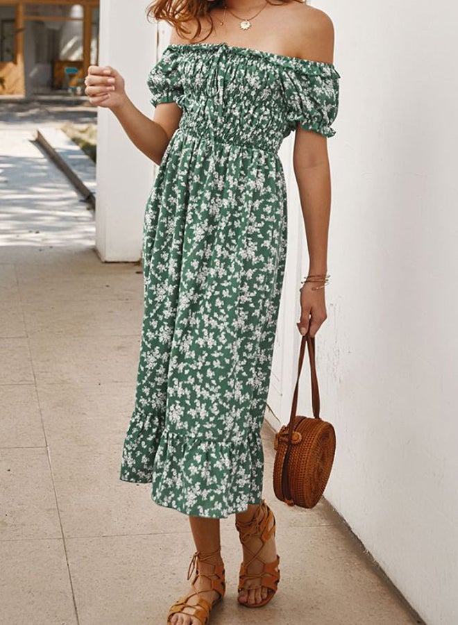 Floral Printed Off Shoulder Dress Green/White - Image 3