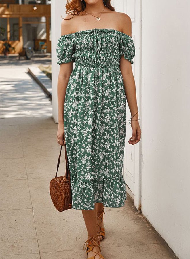 Floral Printed Off Shoulder Dress Green/White - Image 2