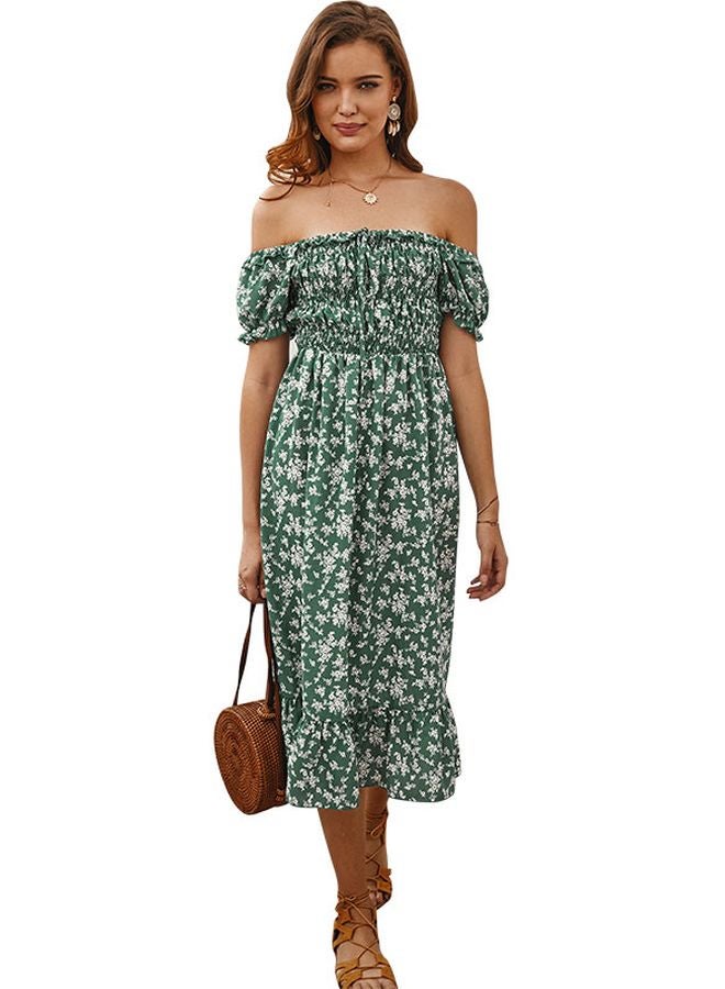 Floral Printed Off Shoulder Dress Green/White - Image 4