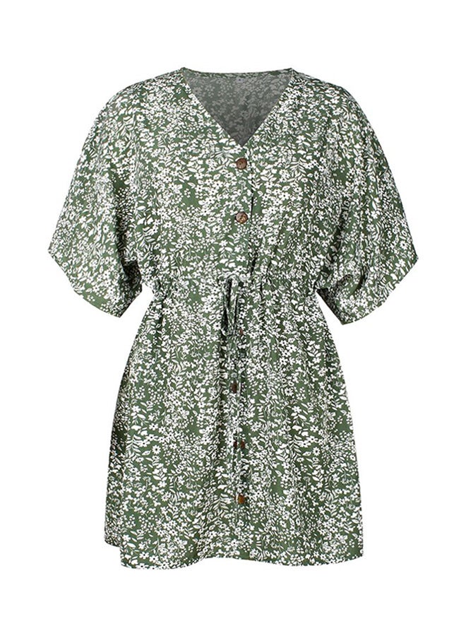 Floral Printed V-Neck Mini Dress Green/White - Image 1