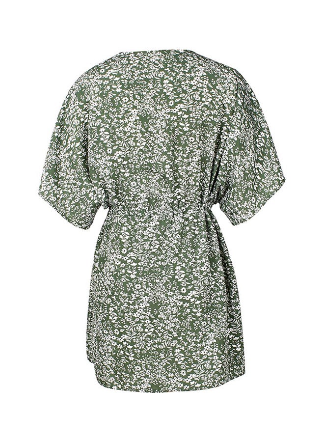 Floral Printed V-Neck Mini Dress Green/White - Image 2