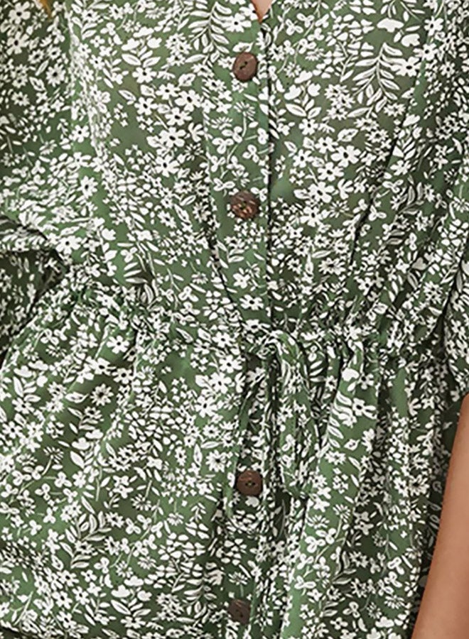 Floral Printed V-Neck Mini Dress Green/White - Image 3