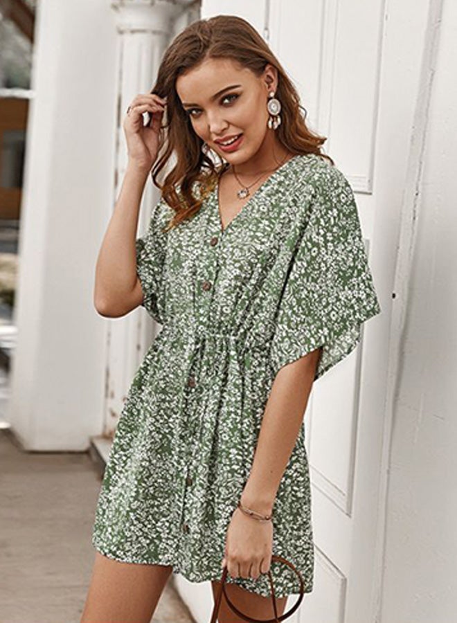 Floral Printed V-Neck Mini Dress Green/White - Image 4