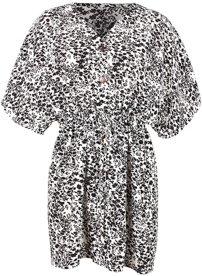Floral Printed V-Neck Mini Dress White/Black - Image 2