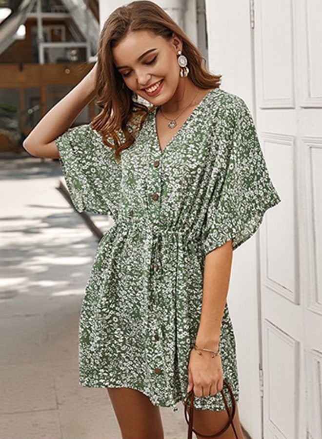 Floral Printed V-Neck Mini Dress Green/White - Image 5