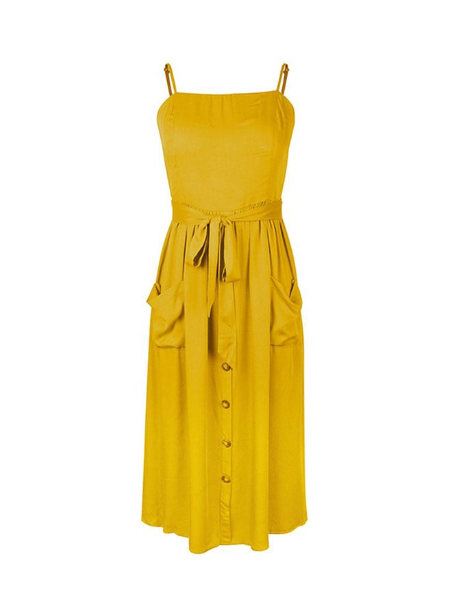 Tie Waist Button Detailed Midi Dress Yellow - Image 1