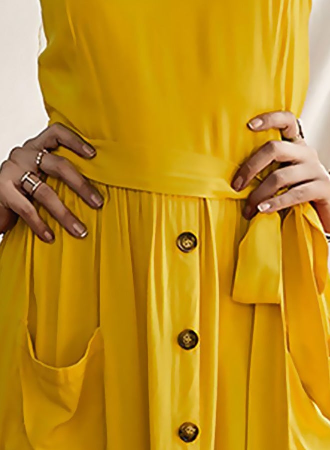 Tie Waist Button Detailed Midi Dress Yellow - Image 3