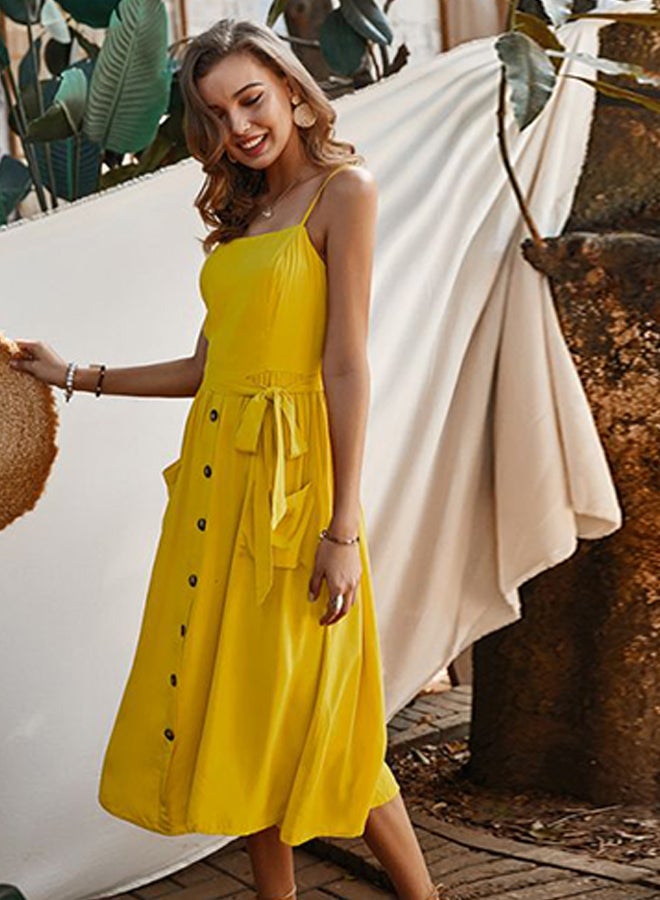 Tie Waist Button Detailed Midi Dress Yellow - Image 4