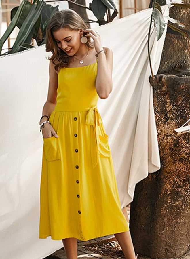 Tie Waist Button Detailed Midi Dress Yellow - Image 5
