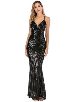 Generic Sequins Embellished Plunge Neck Maxi Dress Black  - Image 1
