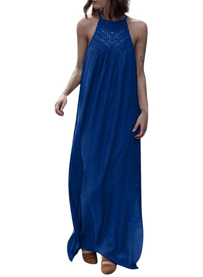 Crochet Laced Slit Maxi Dress Blue - Image 1