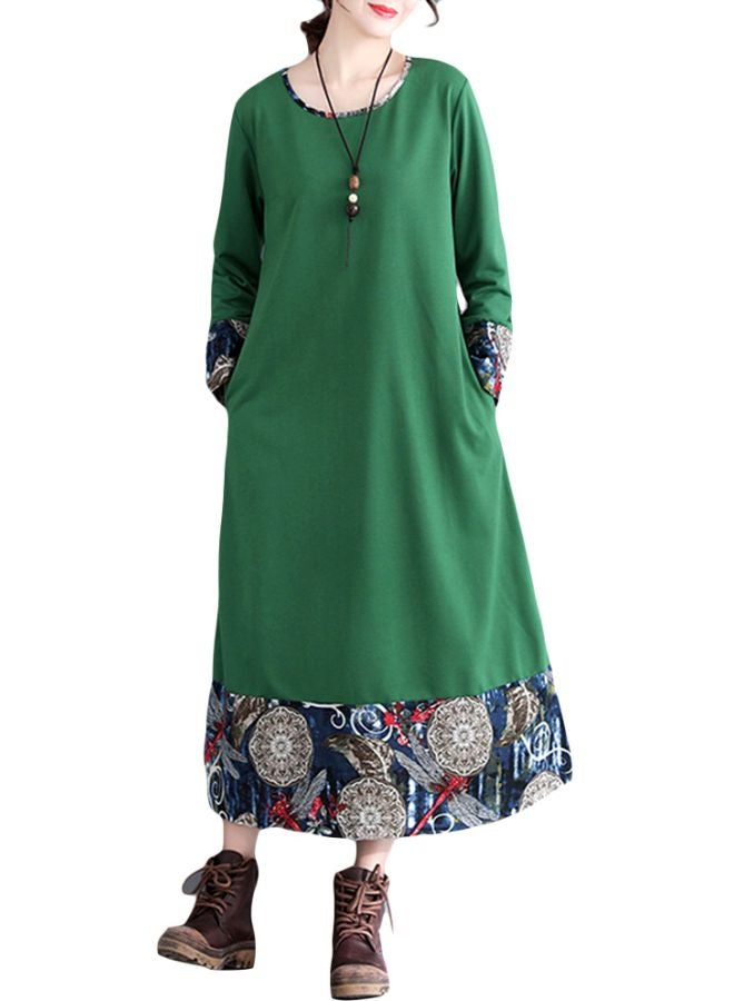 Printed Round Neck Long Dress Green/Blue/Beige  - Image 1