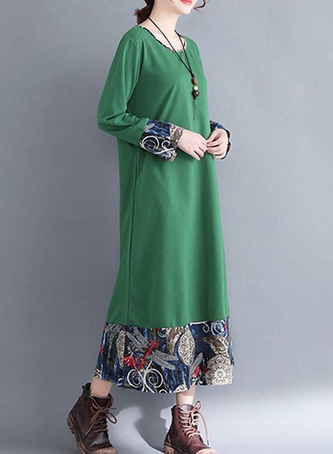Printed Round Neck Long Dress Green/Blue/Beige  - Image 2