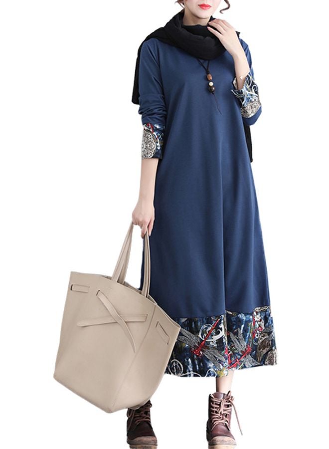 Printed Round Neck Long Dress Blue/Beige/Grey  - Image 1