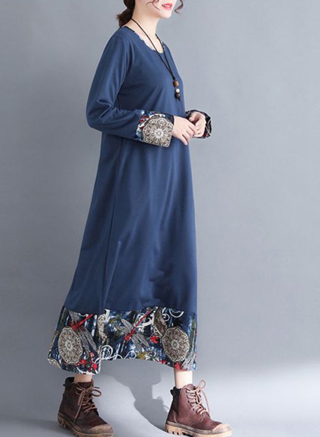Printed Round Neck Long Dress Blue/Beige/Grey  - Image 2