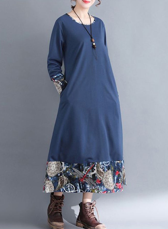 Printed Round Neck Long Dress Blue/Beige/Grey  - Image 3
