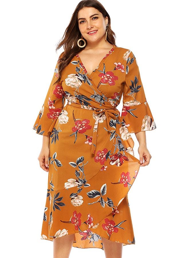 Floral Printed Wrap Dress Yellow/Red/Beige  - Image 1
