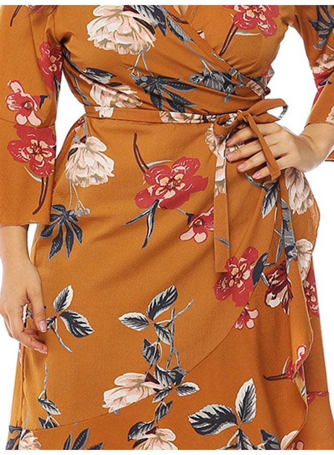 Floral Printed Wrap Dress Yellow/Red/Beige  - Image 3