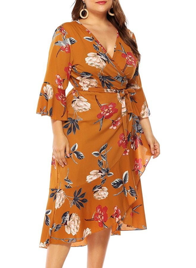 Floral Printed Wrap Dress Yellow/Red/Beige  - Image 4