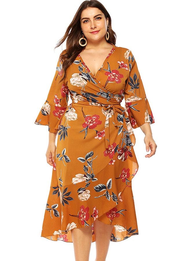 Floral Printed Wrap Dress Yellow/Red/Beige  - Image 5