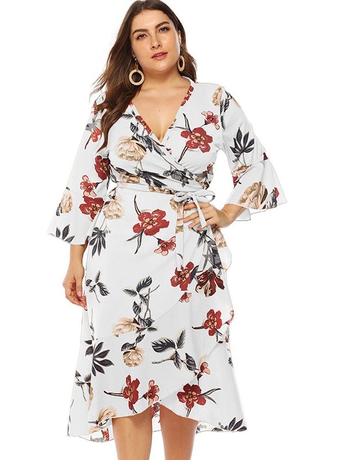 Floral Printed Wrap Dress White/Red/Black  - Image 1