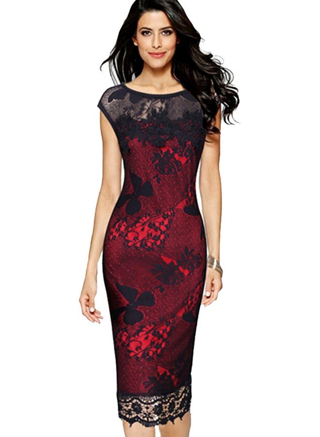 Embroidered Midi Dress Red/Black - Image 1