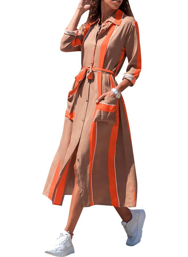 Striped Tied Waist Maxi Dress Khaki/Orange - Image 1