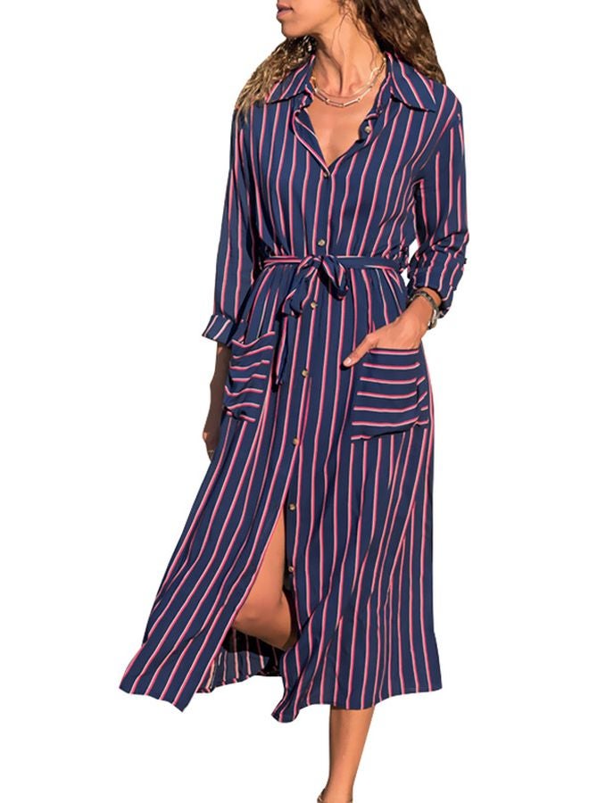 Striped Tied Waist Maxi Dress Dark Blue/Pink - Image 1