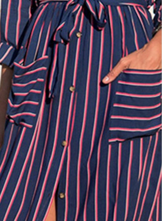Striped Tied Waist Maxi Dress Dark Blue/Pink - Image 3