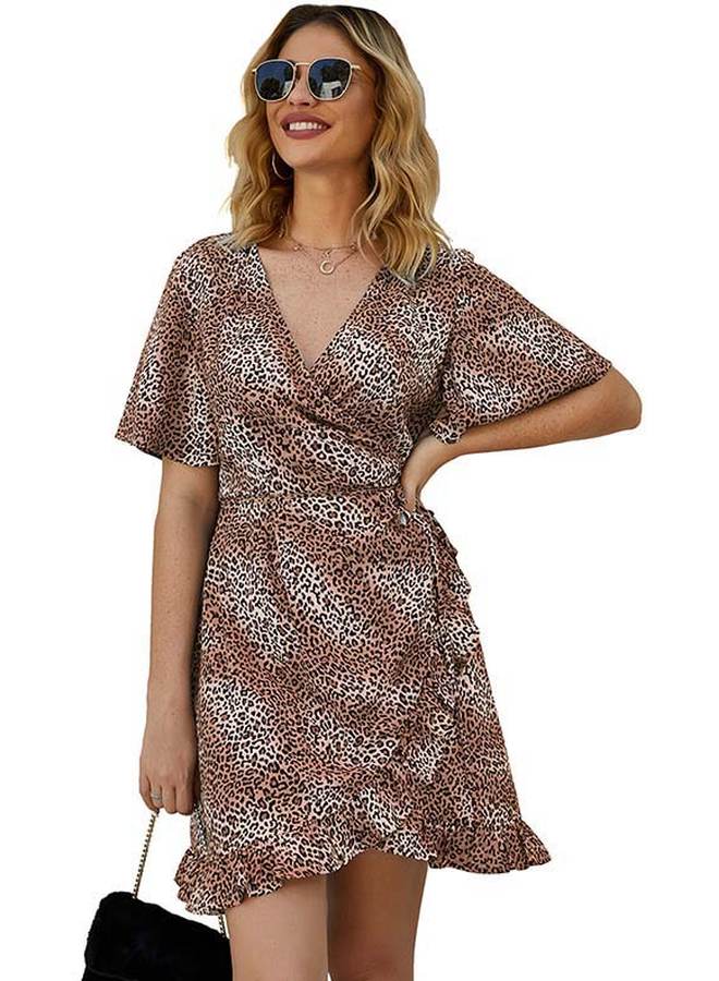 Leopard Printed Ruffle Hem Mini Dress Coffee/White/Black  - Image 1