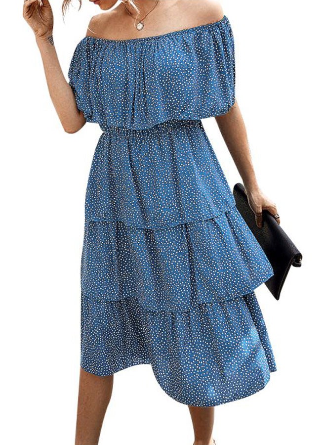 Polka Dot Printed Off the Shoulder Midi Dress Blue/White - Image 1