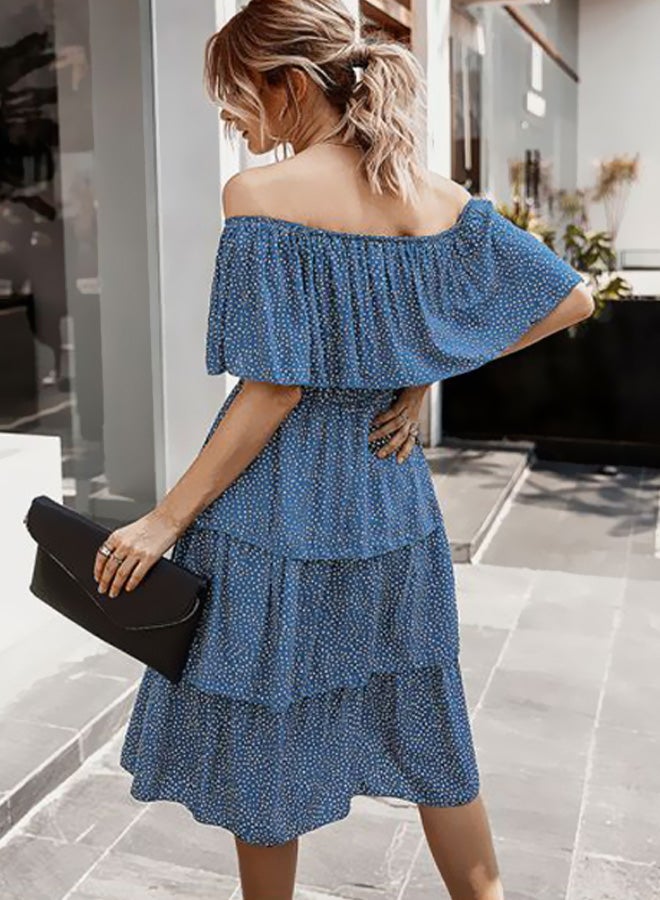 Polka Dot Printed Off the Shoulder Midi Dress Blue/White - Image 2