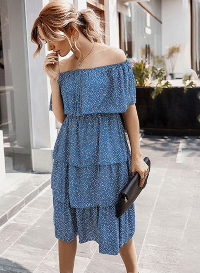 Polka Dot Printed Off the Shoulder Midi Dress Blue/White - Image 4