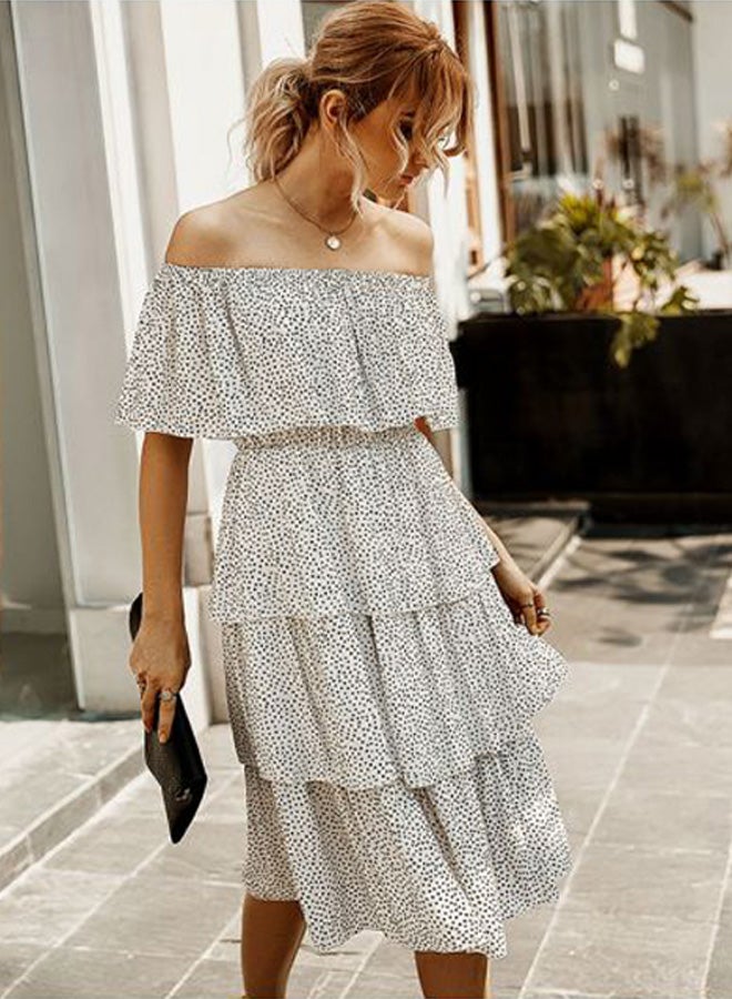 Polka Dot Printed Ruffled Dress White/Black - Image 4