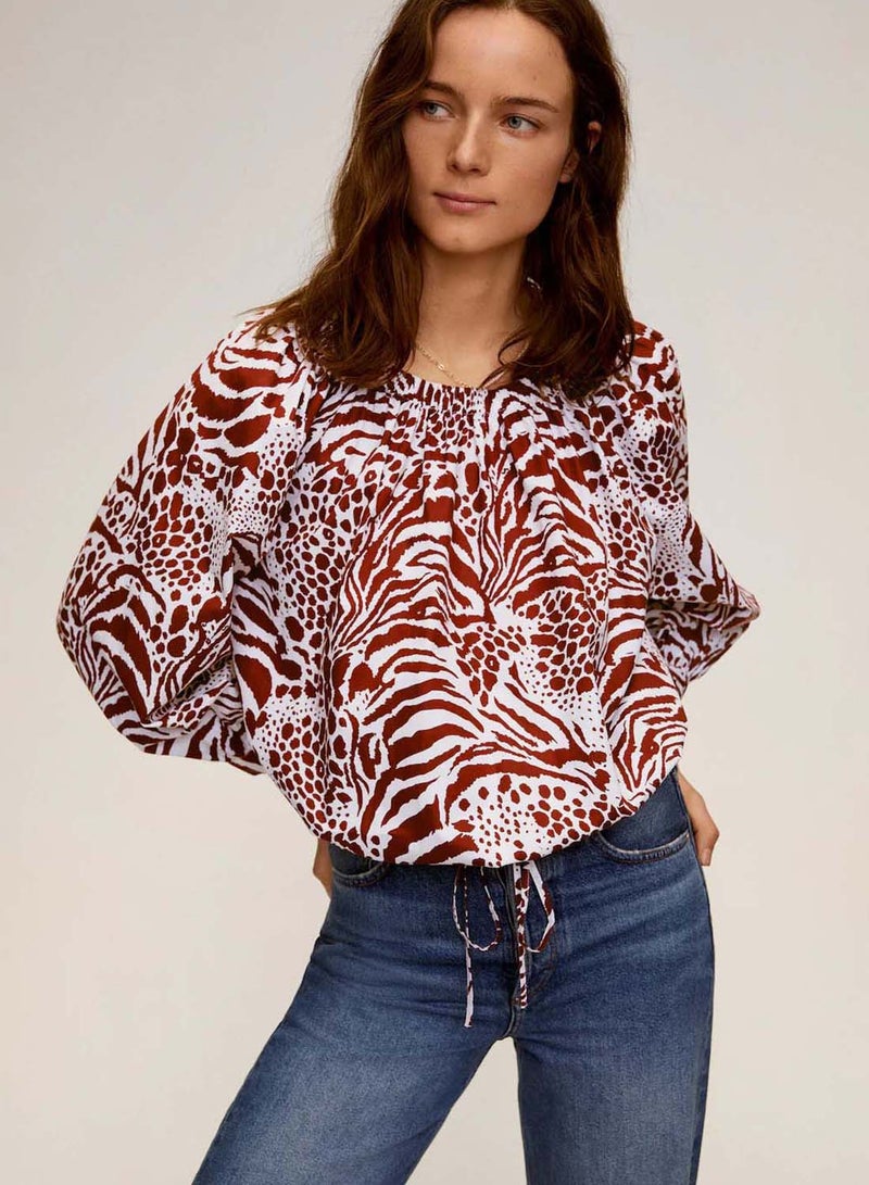 MANGO - Animal Print Puff Sleeve Blouse Maroon/White - Image 1