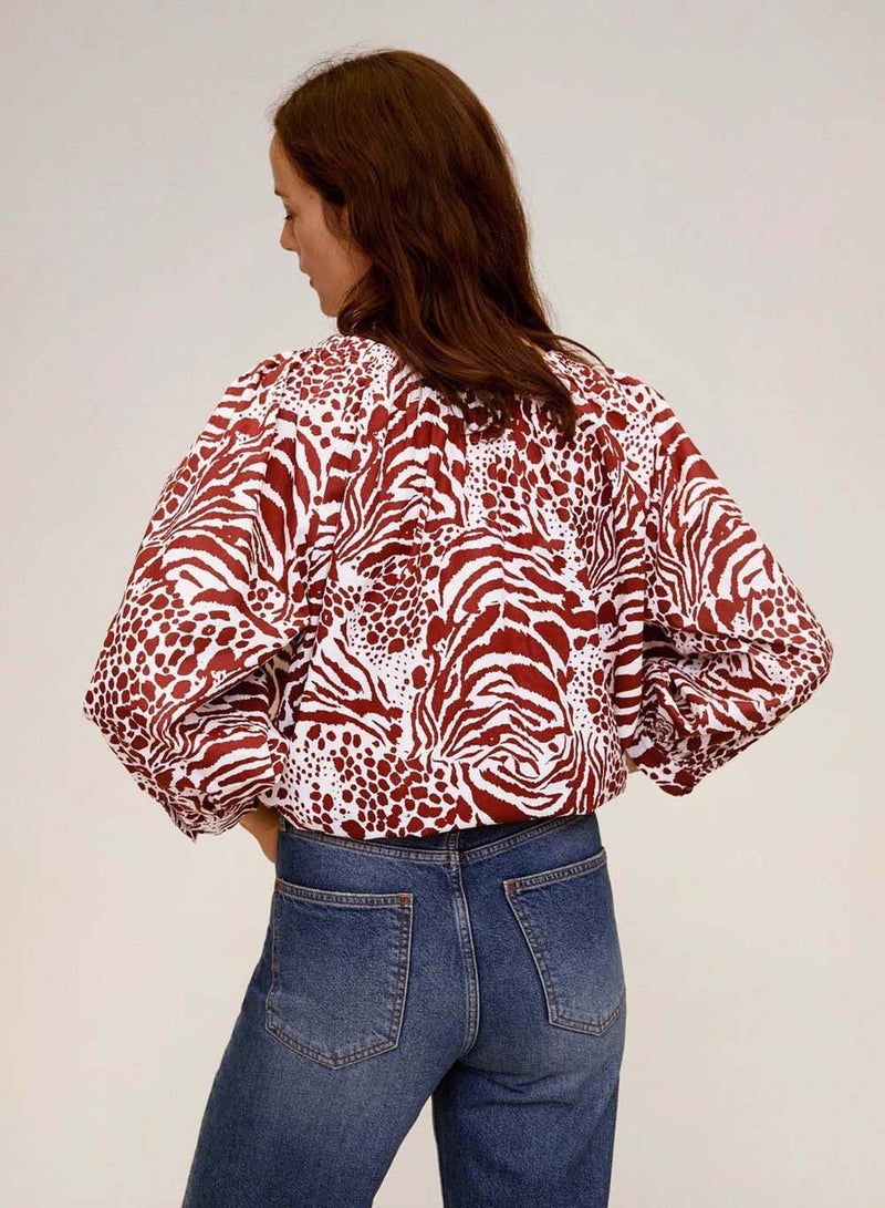 MANGO - Animal Print Puff Sleeve Blouse Maroon/White - Image 1