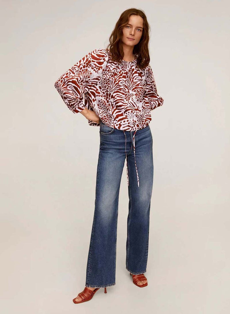 MANGO - Animal Print Puff Sleeve Blouse Maroon/White - Image 1