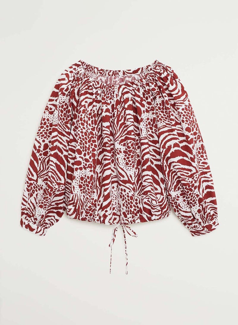 MANGO - Animal Print Puff Sleeve Blouse Maroon/White - Image 1