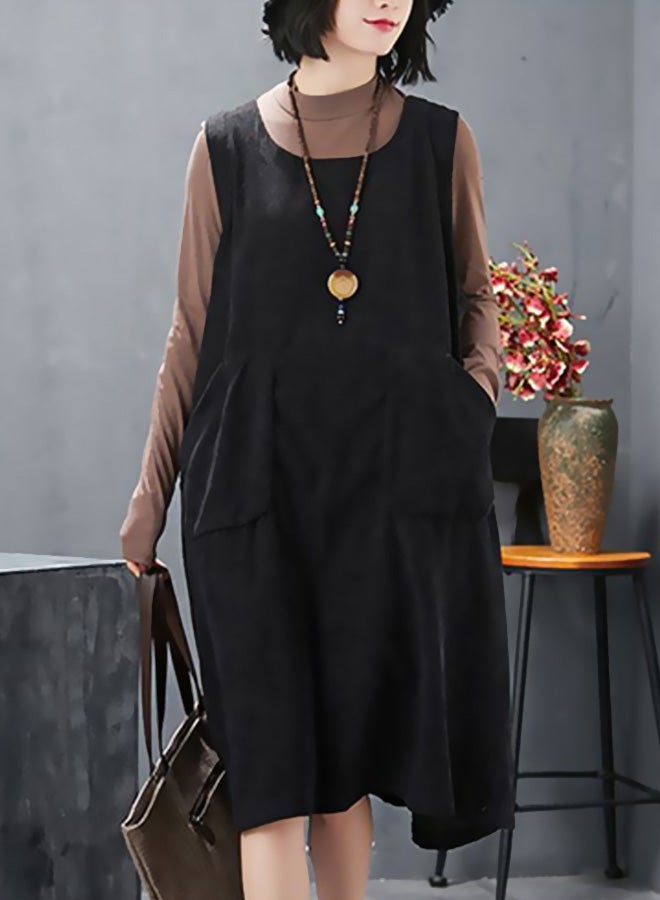 Generic - Round Neck A-Line Casual Dress Black - Image 1