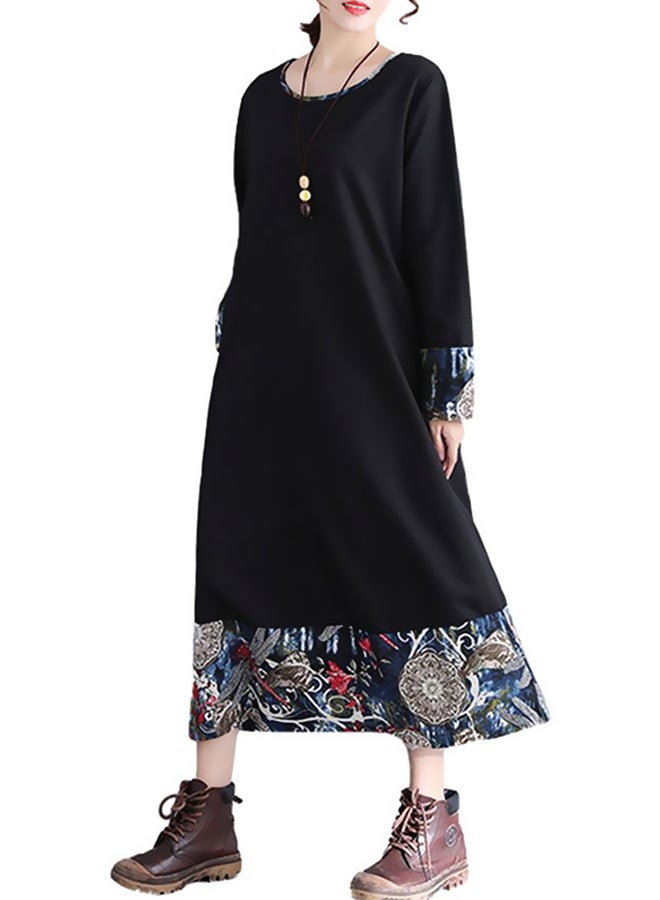 Printed Round Neck Long Dress Black/Blue/Beige  - Image 1