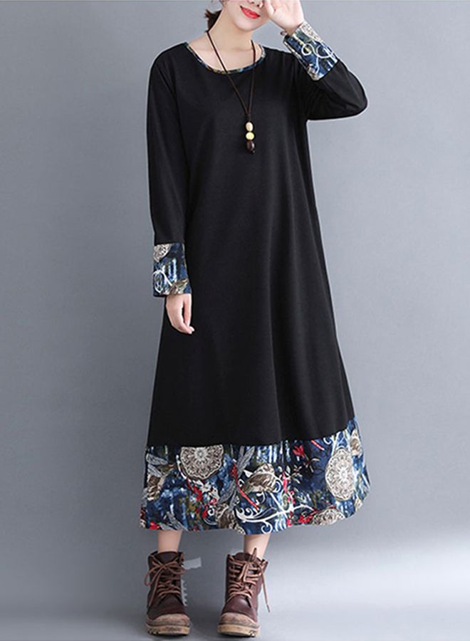 Printed Round Neck Long Dress Black/Blue/Beige  - Image 2